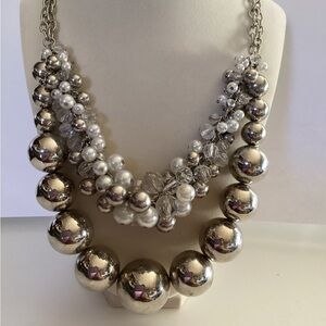 Silver Tone and Faux Pearl Chunky Cluster Necklace